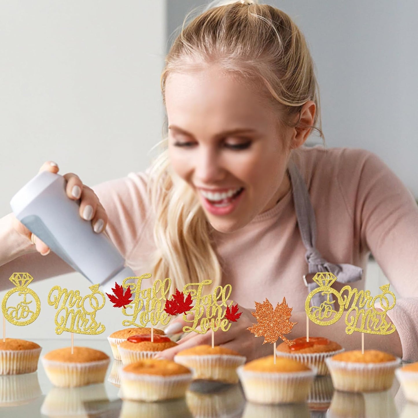 24 PCS Fall in Love Cupcake Toppers Glitter Maple Leaf Cupcake Picks Mr & Mrs Diamond I Do Cupcake Decorations for Autumn Wedding Engagement Bridal Shower Theme Party Cake Decorations Supplies