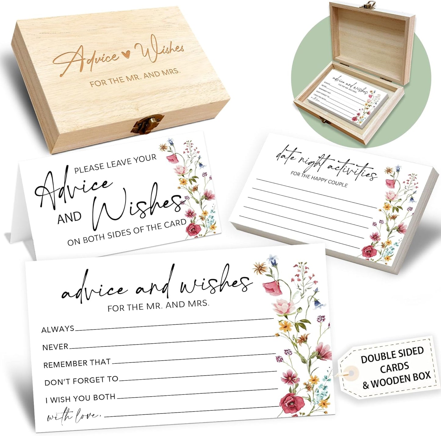 Wildflower Advice and Wishes for the Mr and Mrs - 50 Packs Wedding Advice Cards Bridal Shower Game Cards with Box Reception Guest Book for Bride Groom Newlywed Engagement Party Decoration -A04
