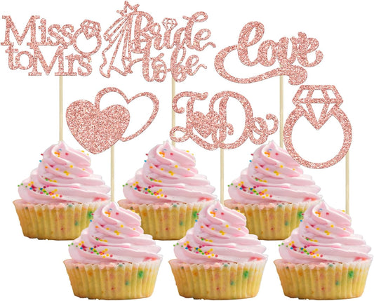 Gyufise 24Pcs Bride to Be Cupcake Toppers Rose Gold Glitter I Do Love Heart Ring Miss To Mrs Cupcake Picks Bridal Shower Cake Decorations for Wedding Engagement Bachelorette Party Supplies
