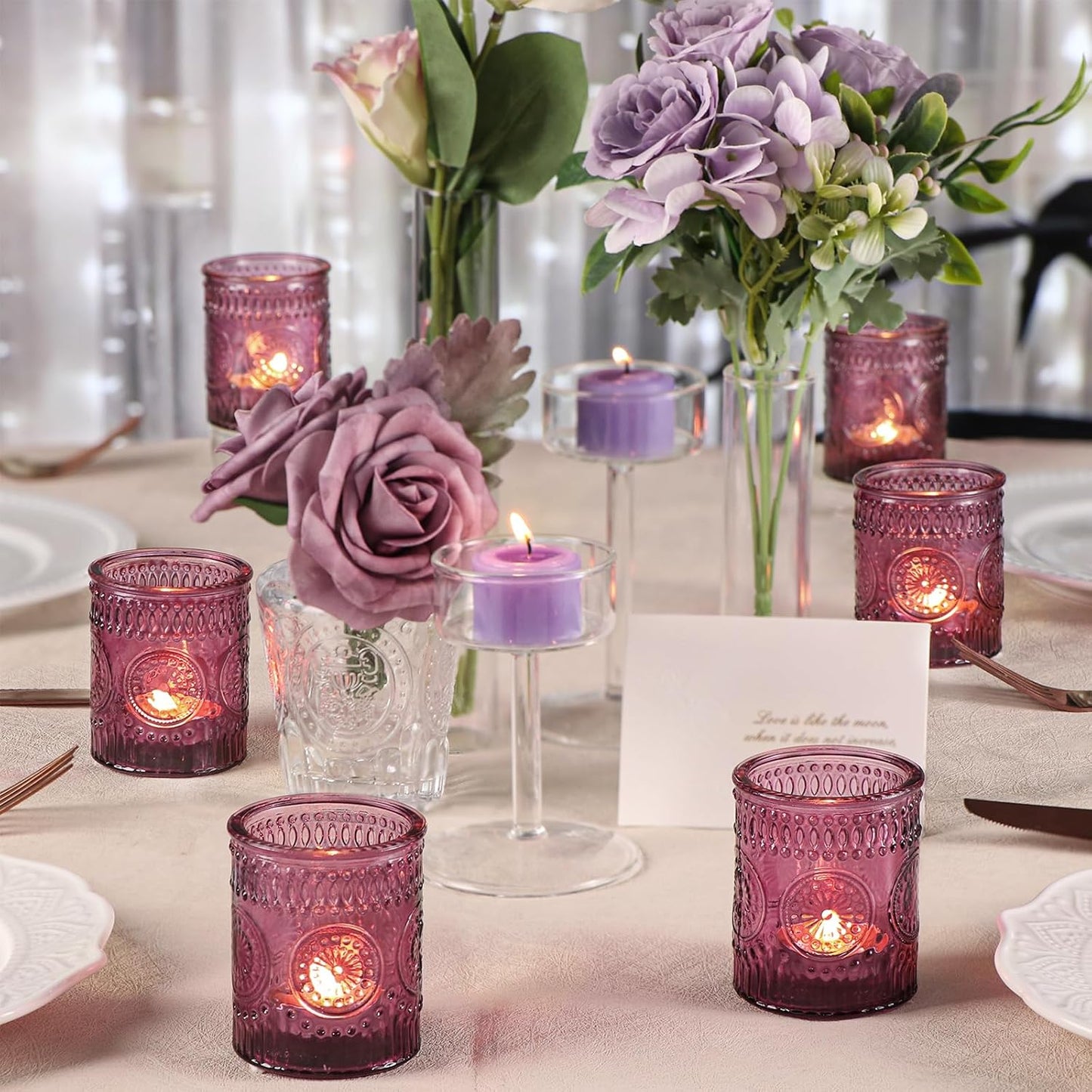 DARJEN Purple Votive Candle Holders Set of 36- Glass Tea Light Candles for Purple Candles, Embossed Candle Votives for Wedding Table Centerpiece, Party & Home Decor