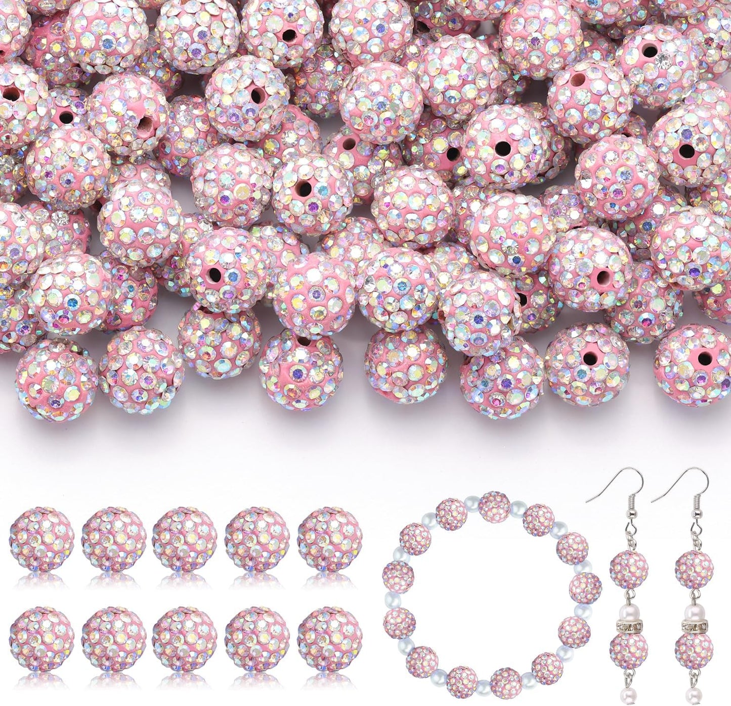 160pcs 10mm Rhinestone Beads for Jewelry Making, Pink AB Shiny Round Disco Ball Beads Bulk, Sparkle Crystal Clay Christmas for Bracelet Baseball Necklace Earring Crafting and DIY