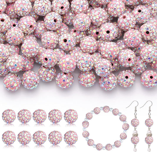 160pcs 10mm Rhinestone Beads for Jewelry Making, Pink AB Shiny Round Disco Ball Beads Bulk, Sparkle Crystal Clay Christmas for Bracelet Baseball Necklace Earring Crafting and DIY