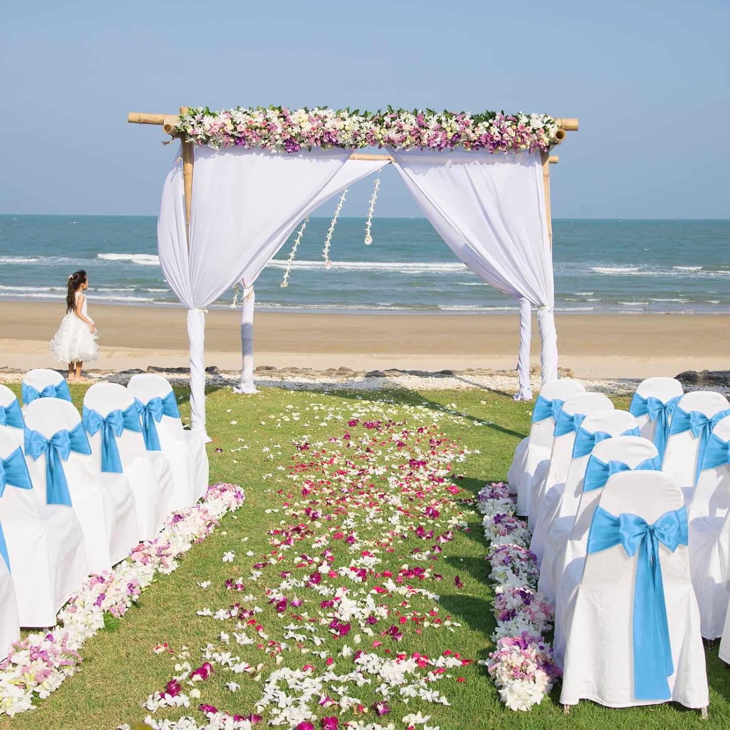 50 PCS Baby Blue Satin Chair Sashes Bows Universal Chair Ribbon Ties Back Sash for Wedding Party Reception Events Banquets Hotel Event Chair Cover Decoration (7x108 inch)