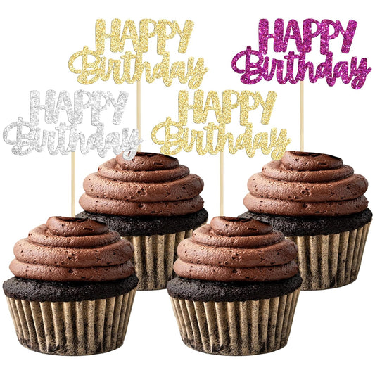 Gyufise 24Pcs Happy Birthday Cupcake Toppers Glitter Birthday Cupcake Food Picks for Celebrating Hunter Theme Party Cake Decorations Supplies Purple Gold Silver