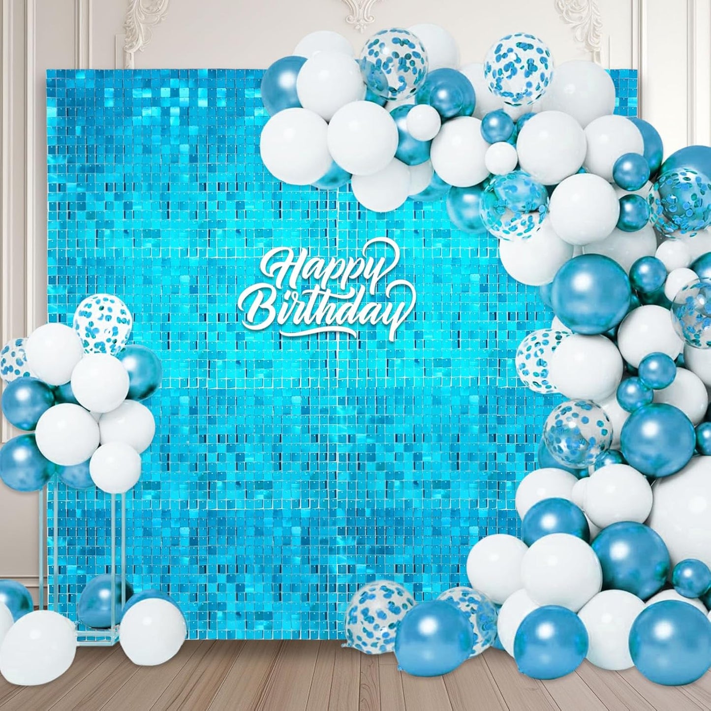 24PCS Lake Blue Shimmer Wall Backdrop, Square Sequin Backdrops Panel, Glitter Wall Background for Birthdays, Weddings, Graduation, Engagements, Disco Bachelorette Party Decoration (4FTx6FT)