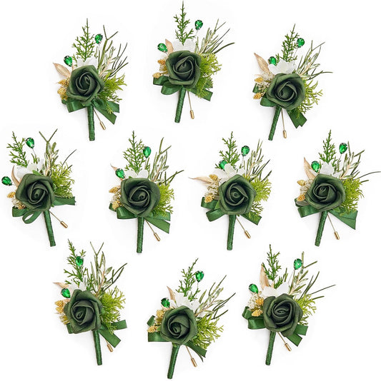 Serwalin 10Pcs Boutonniere for Men, Green Groom and Best Man Boutonniere, Artificial Flowers for Wedding Decor Prom Homecoming Ceremony Anniversary Formal Dinner Party