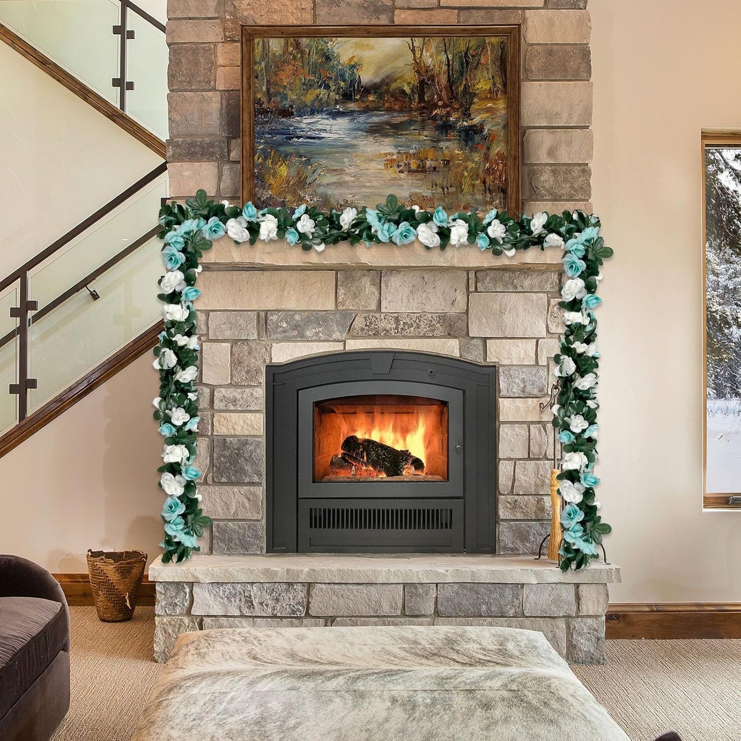 16Pcs 126Ft Teal&White Rose Garland, Fake Rose Hanging Flowers, Artificial Flower Vine, Hanging Floral Vine Garland for Wedding, Birthday Party, Wall Arch, Halloween, Christmas Garden Backdrop Decor