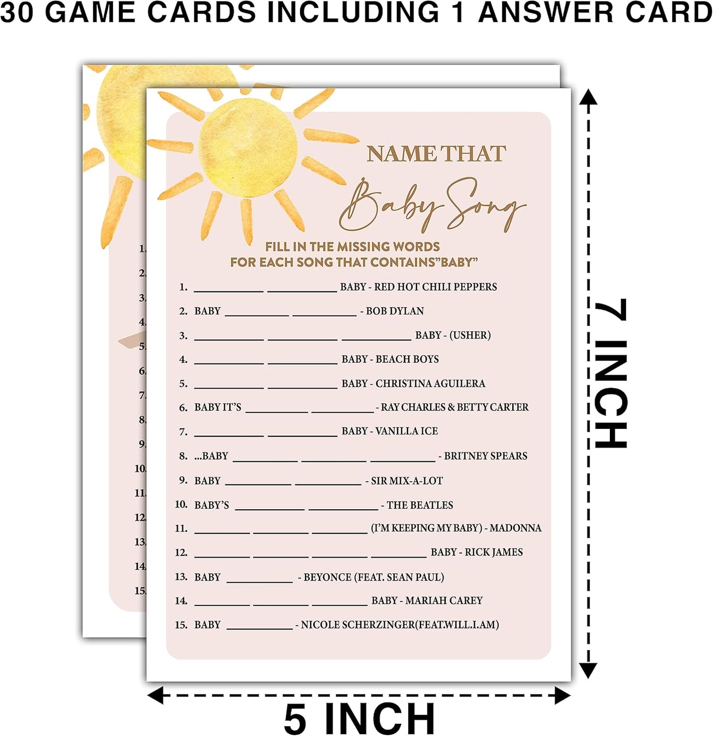 YSTEP Boho Sunshine 30 Name That Baby Song Game Cards with 1 Answer Card, Gender Reveal Party Supplies Favors (5"x7") - D06