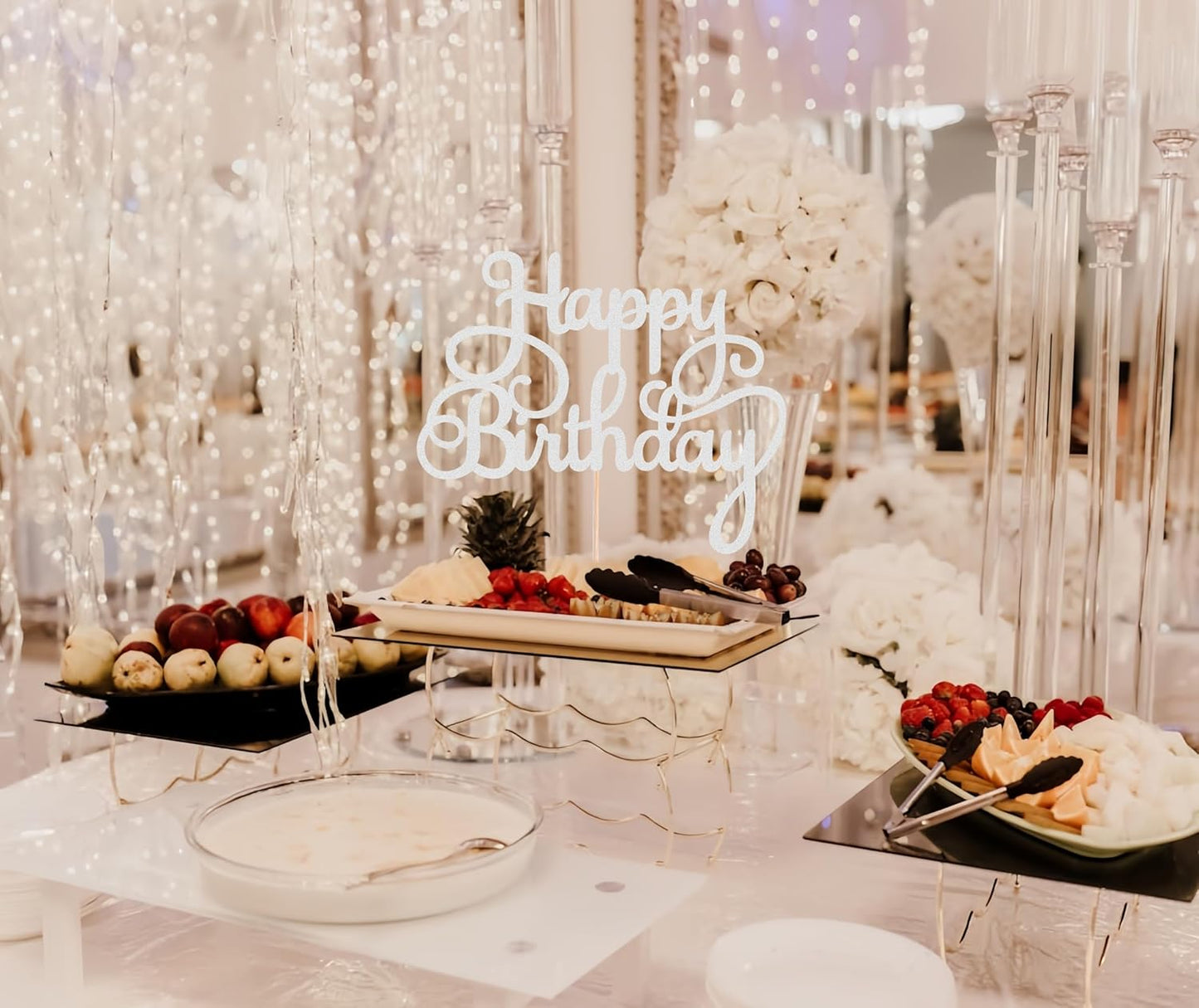 Happy Birthday Cake Topper - Silver Glitter Birthday Party Cake Decoration Supplies - Happy Birthday Cake Decor, for Anniversary/Birthday Party Supplies Photo Booth Props