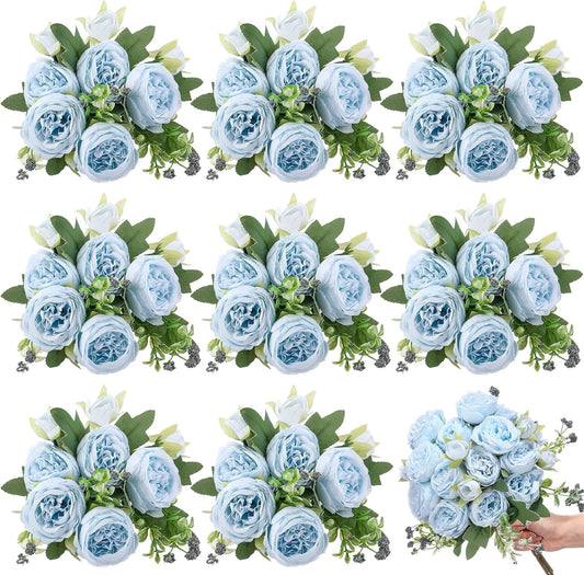 8 Bundles Artificial Peonies Flowers Boho Faux Flowers Arrangements Artificial Centerpiece Spring Bouquet Floral Wedding Decoration for Vase(Blue)