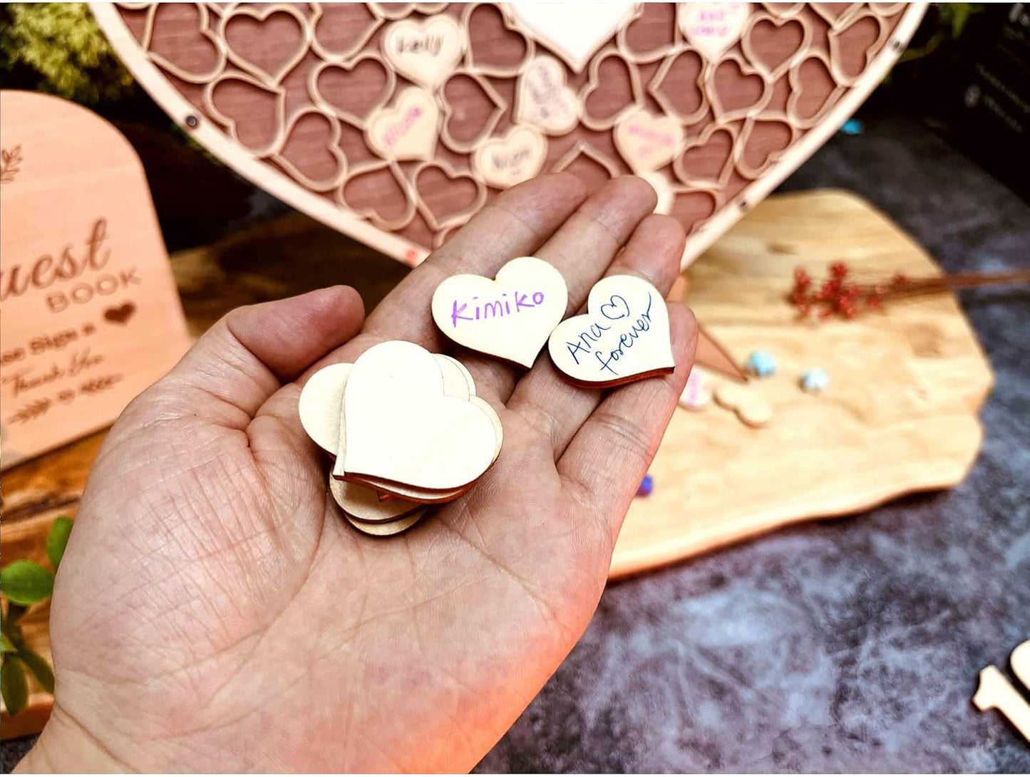 Wedding Guest Book Unique Wooden Heart Alternative GuestBook Bridal Shower Wedding Decoration with 83 Wooden Hearts 1 Sign Pen Set (Reddish Brown)