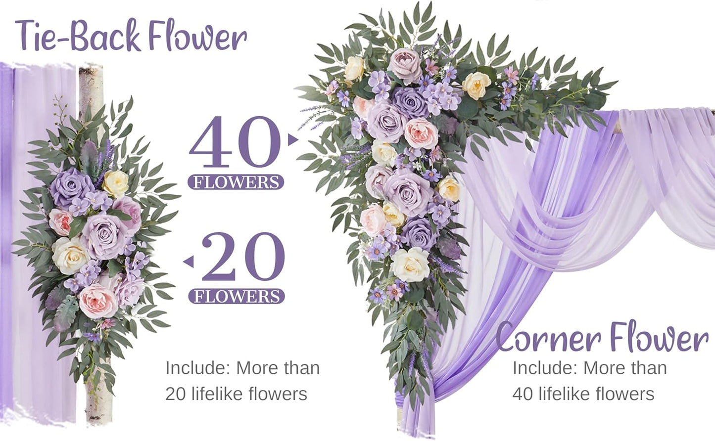 Wedding Arch Flowers with Drapes Kit (Pack of 4) - 2pcs Artificial Lilac Deluxe Swag with 2pcs Sheer Drapes for Wedding Ceremony Arbor Reception Backdrop Rose Floral Decoration