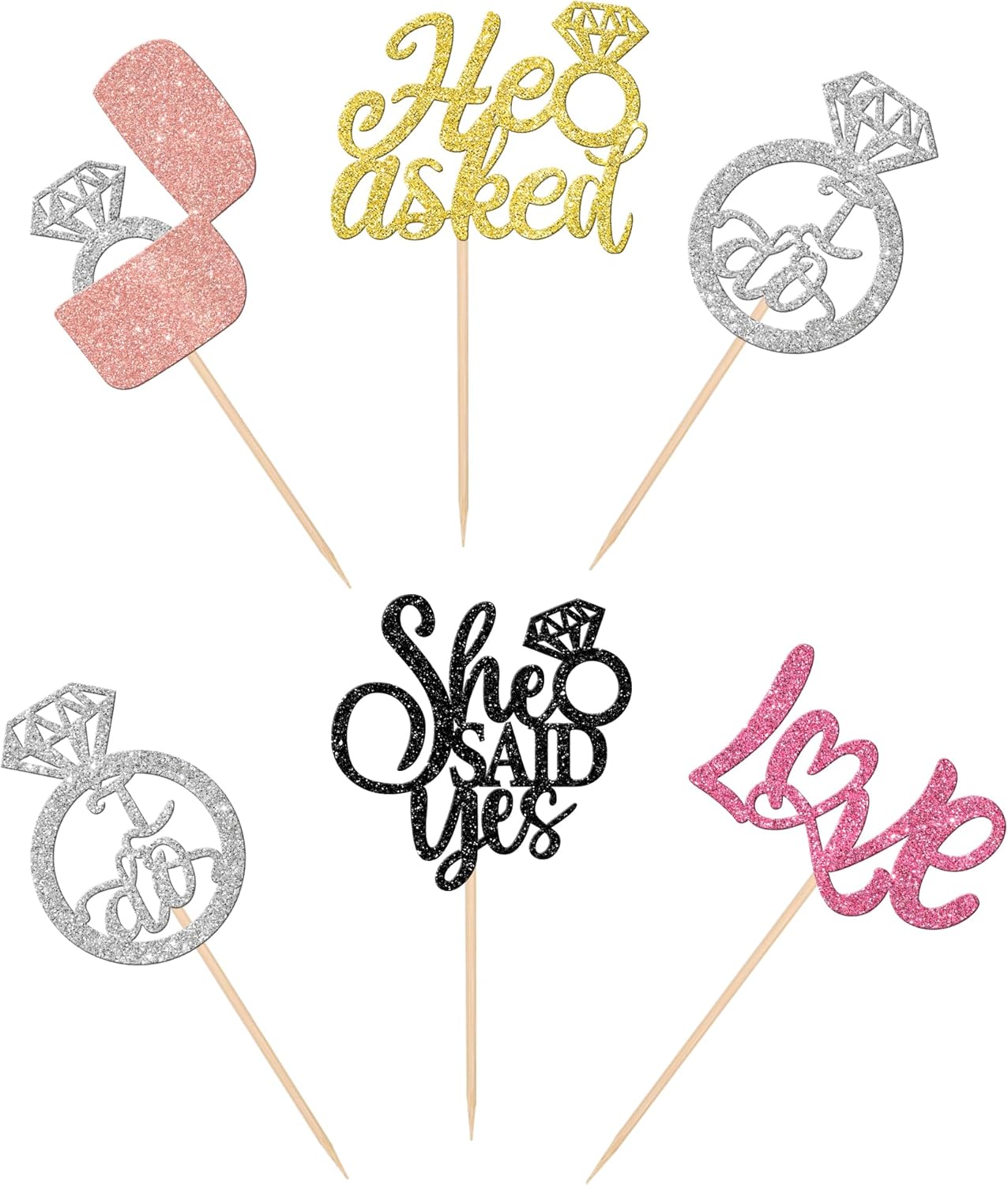 30 PCS He Asked She Said Yes Cupcake Toppers Diamond Ring Cupcake Picks Love I Do Bridal Shower Cake Decorations for Wedding Enaggement Theme Party Supplies Colorful
