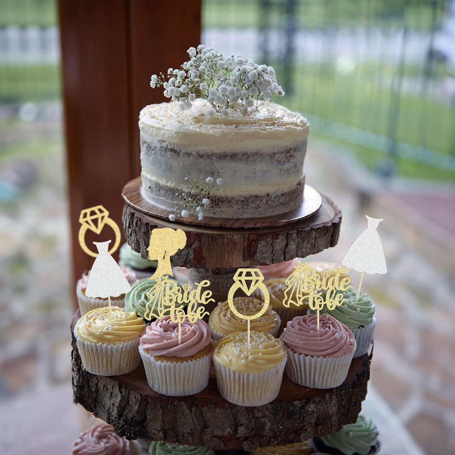 Gyufise 24 Pack Gold Glitter Bride To Be Cupcake Toppers with Diamond Bride Tulle Dress Cupcake Toppers for Bridal Shower Supplies Wedding Engagement Bachelorette Party Decorations