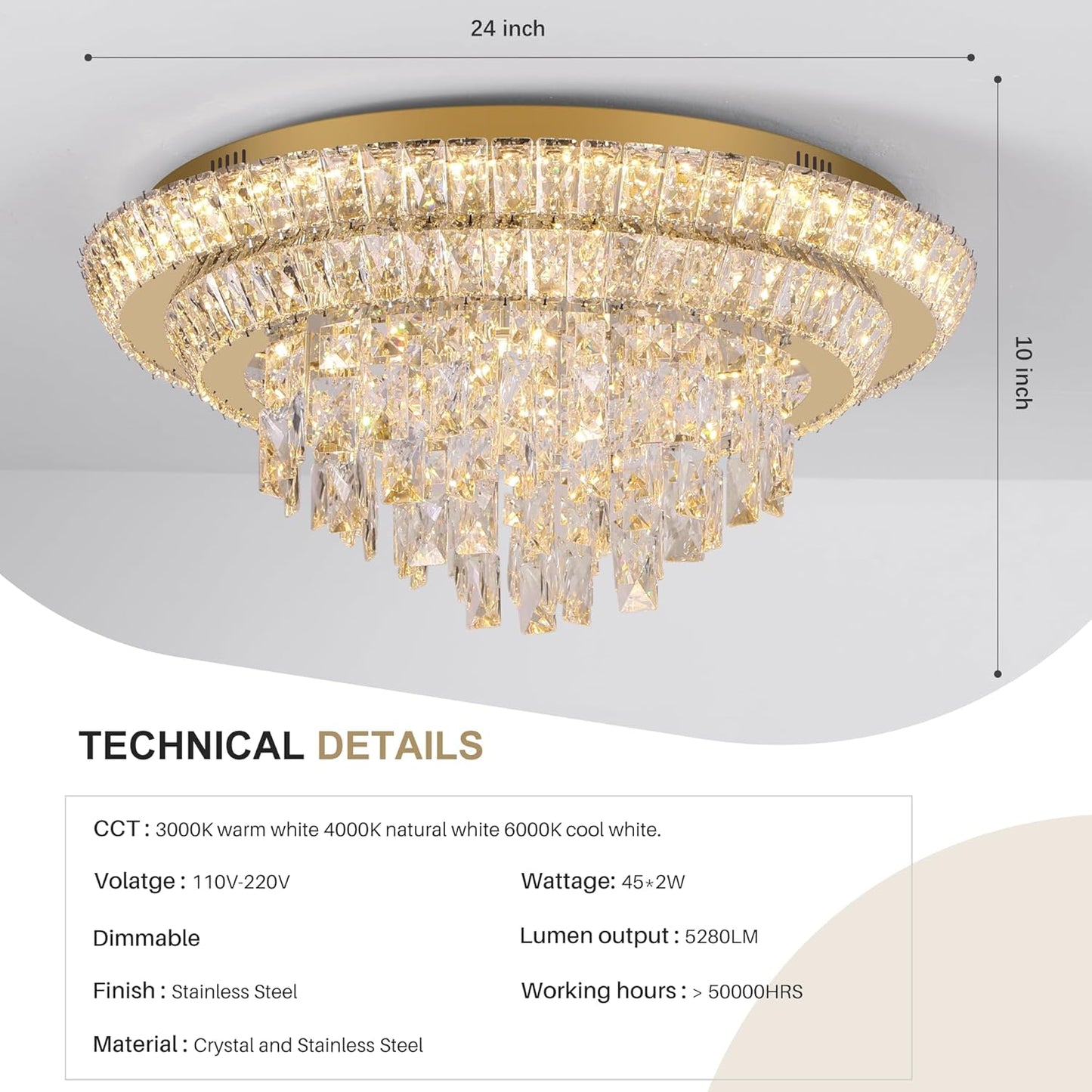 24 inch Crystal Gold Ceiling-Light Flush Mount with Remote Control and APP, 3CCT Dimmable & Brightness Adjustable, Modern Crystal Raindrop Chandeliers for Bedroom Hallway Dinning Room Living Room
