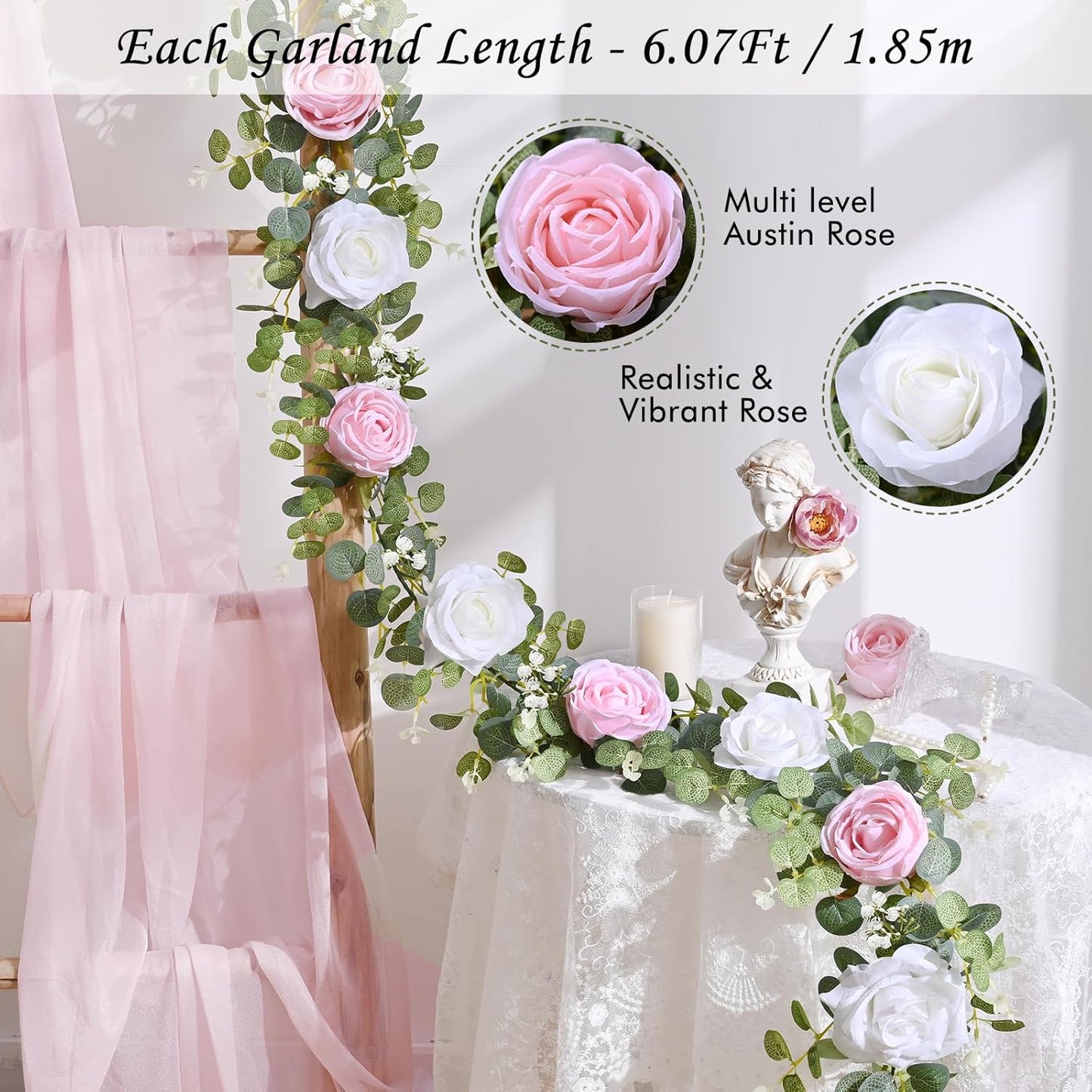 Waipfaru 6.07FT Artificial Eucalyptus Garland with Flowers, Fake Rose Gypsophila Floral Garland, Floral Vines for Wedding Table Backdrop Party Centerpiece Room Decor