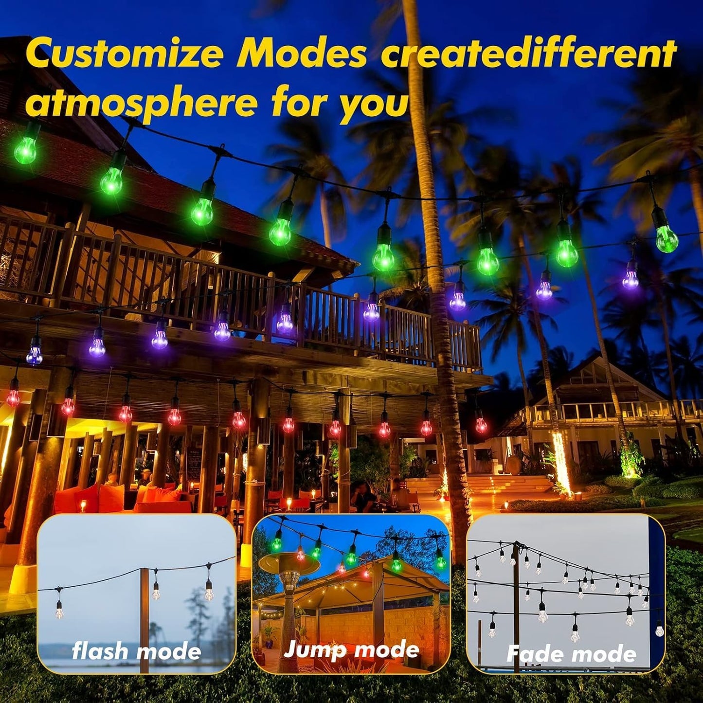 144FT Solar Outdoor String Lights, 45 Shatterproof E26 Edison LED Bulbs, IP65 Waterproof Dimmable RGB Color Changing Patio Lights with 8 Modes & Remote for Garden, Cafe