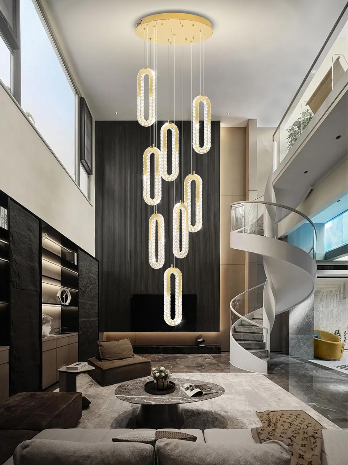 8 Rings Crystal Chandelier,H118 Modern Gold Pendant Light Luxury Foyer Lighting Fixture High Ceiling Chandelier for Entryway,Staircase,Living Room,Villa LED Dimmable 2700K-6000K