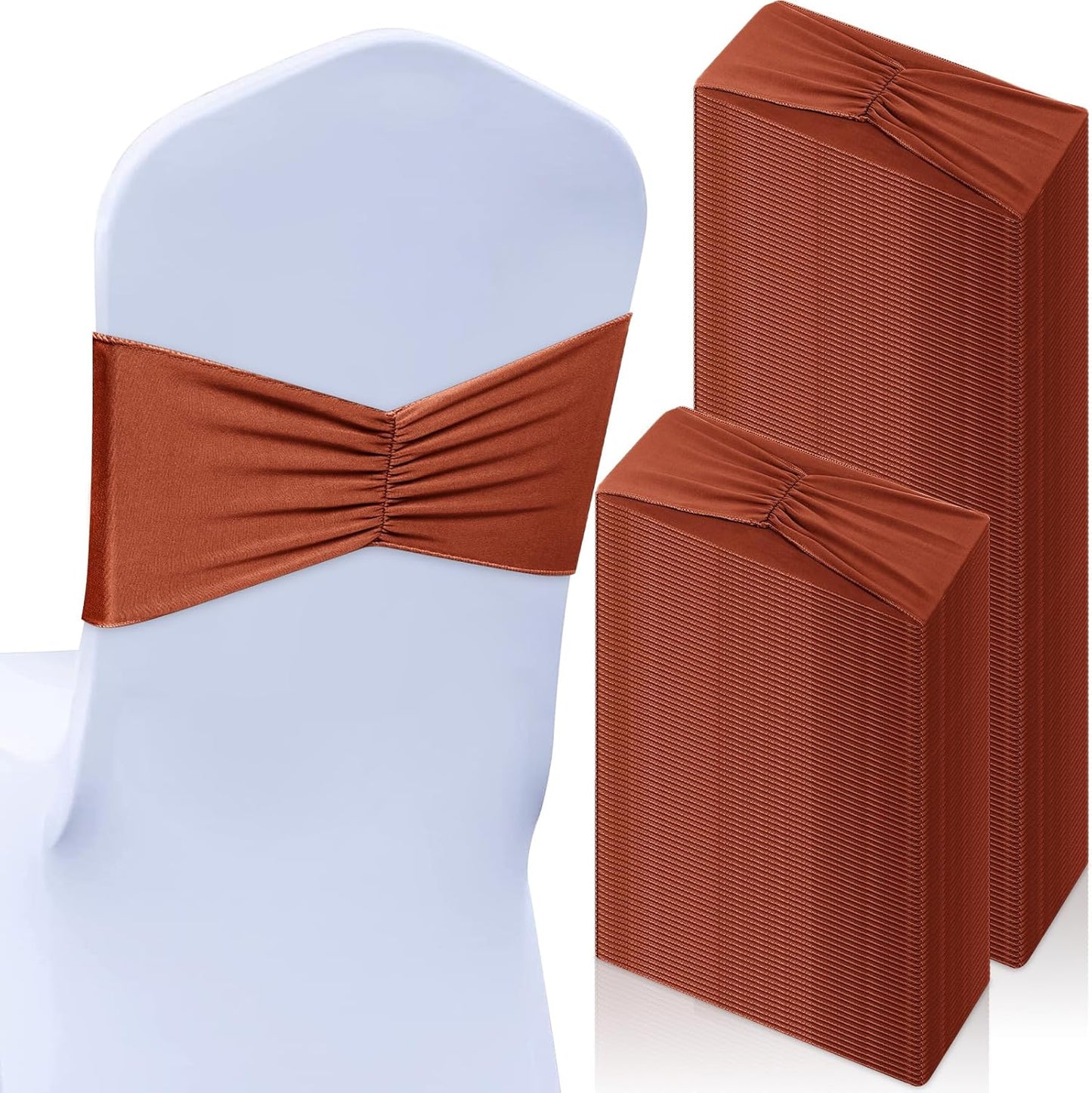Moukeren 100 Pcs Spandex Chair Sashes Bows Bands Slider Sashes for Chair Covers Elastic Bands Ties Ribbon Decorations for Wedding Party Events Ceremony Birthday Banquet(Terracotta)