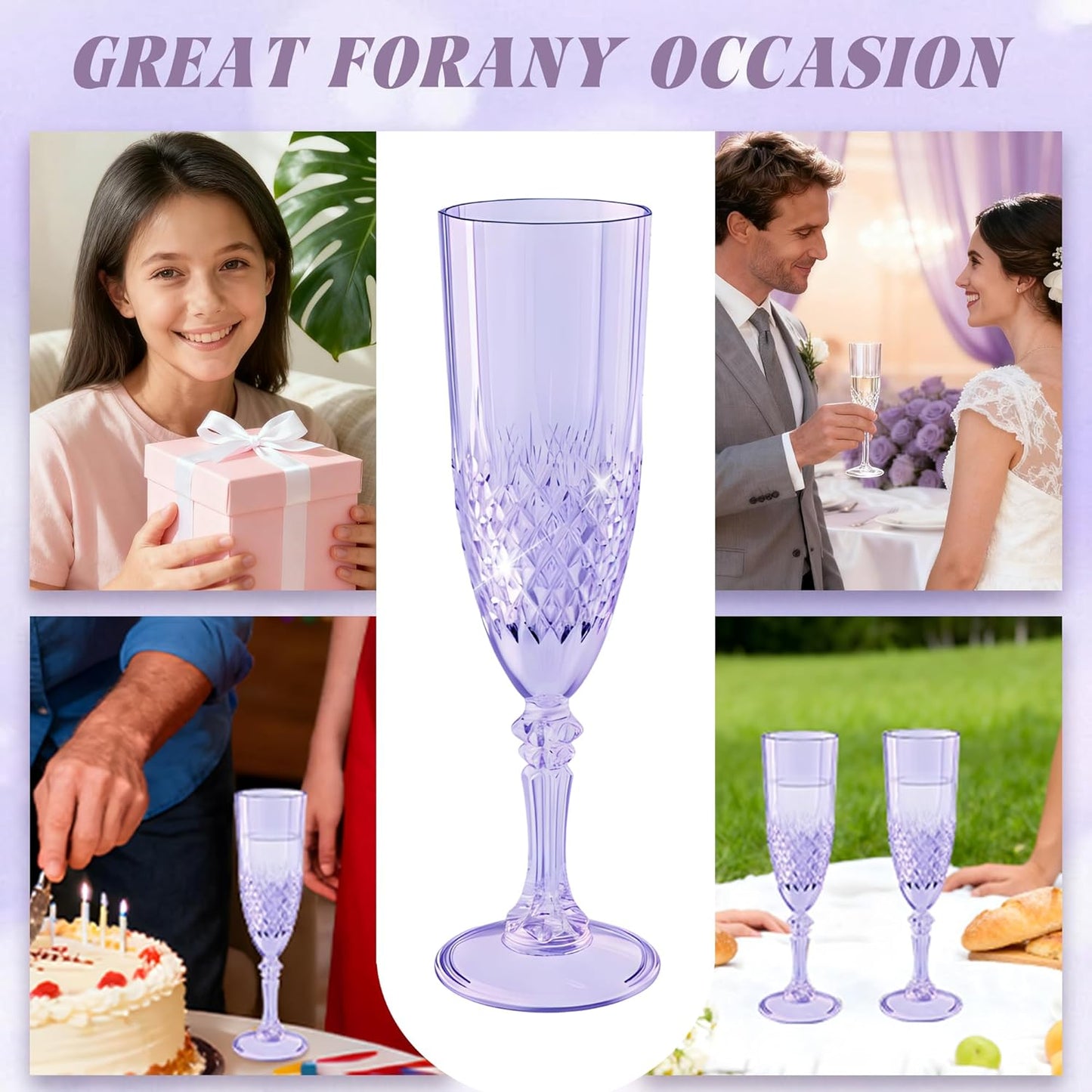 Plastic Champagne Flutes, 24PCS Purple Wine Glasses Goblets Cups Reusable Flute, for Weddings Bachelor Parties Toasting and Events(24, Purple)