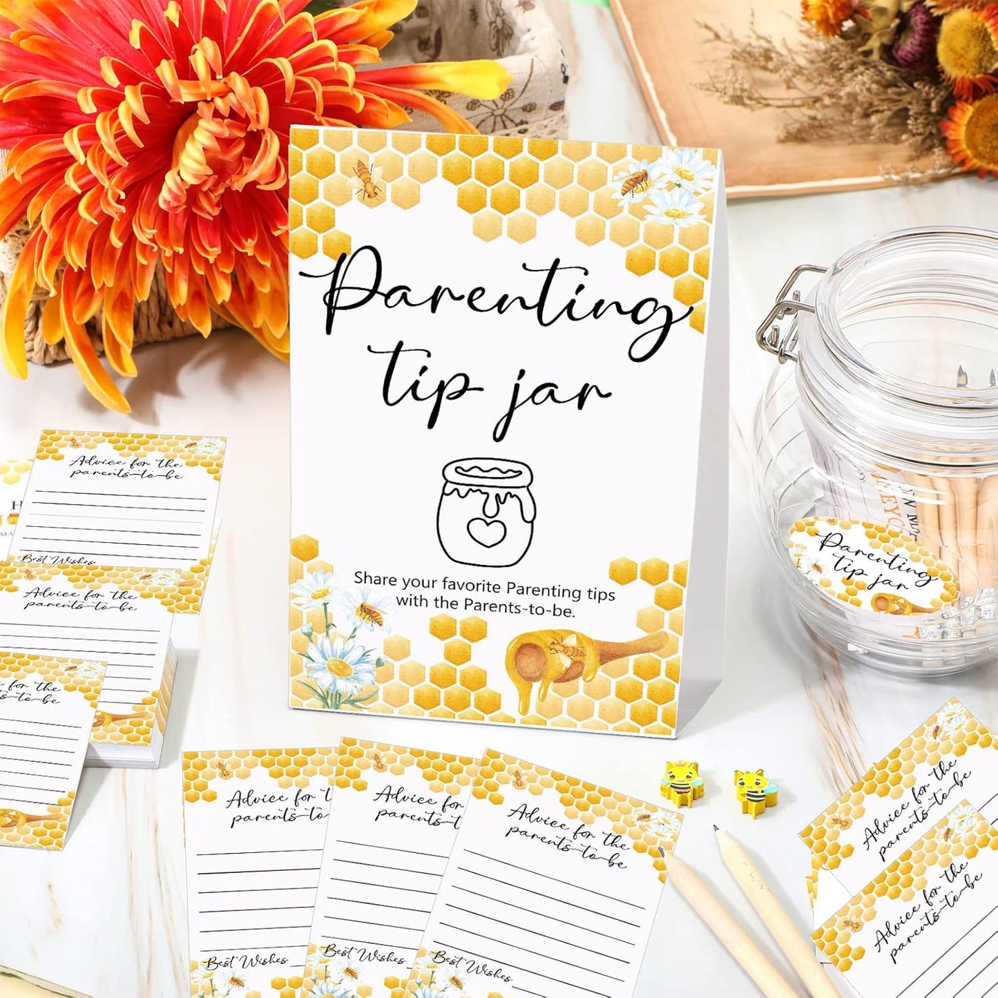 Roowest Baby Shower to Baby Advice Cards for New Parents to Be - Tip Jar Sign for New Parents 60 Parenting Advice Cards 10 HB Pencils 2 Cute Stickers 1 Pet Bottle for Guests Games(Honey)