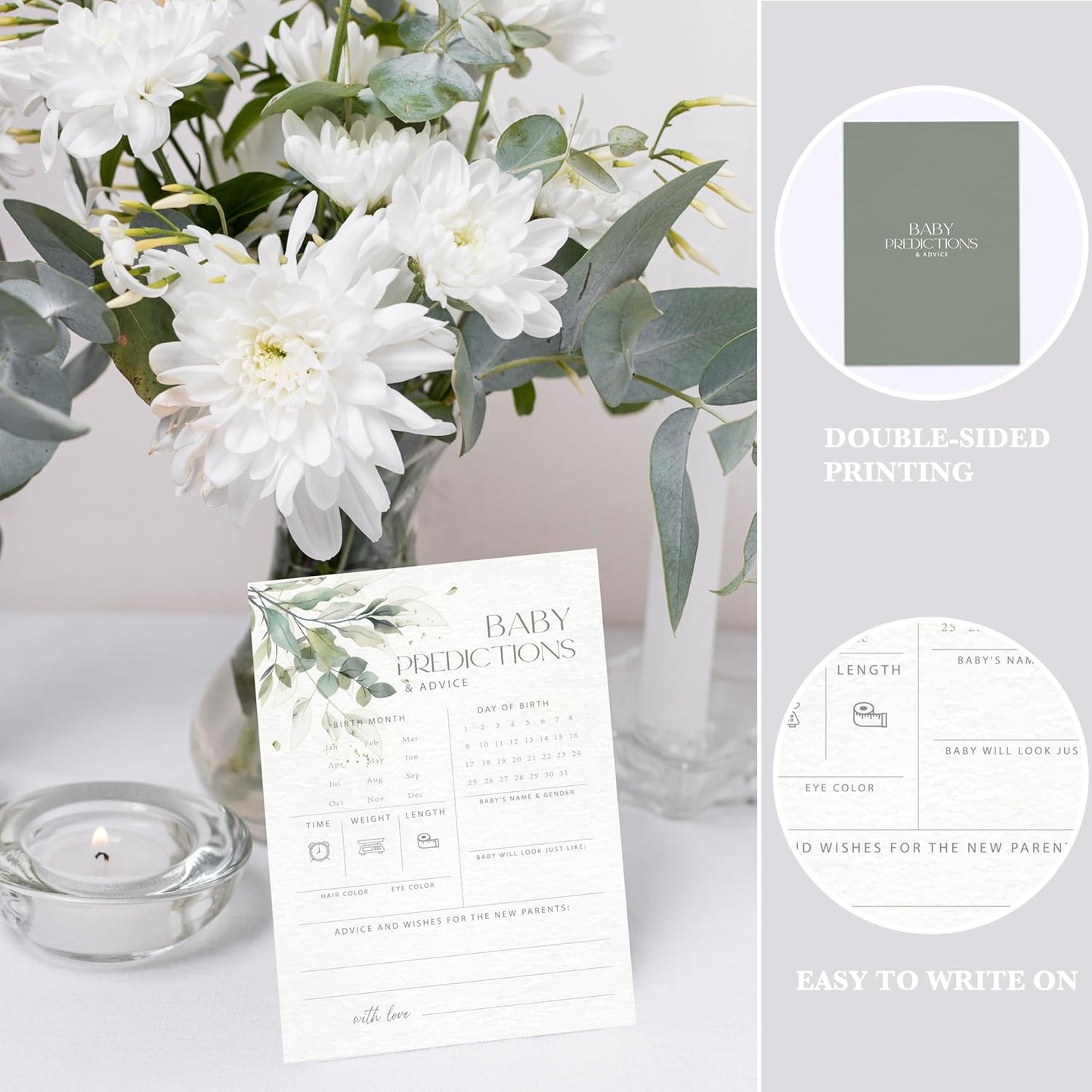 Advice For New Parents Baby Shower, Baby Predictions & Advice Cards For Baby Shower Games Activities, Wishes for Baby, 25 Double-Sided Thick Cards – Greenery A06