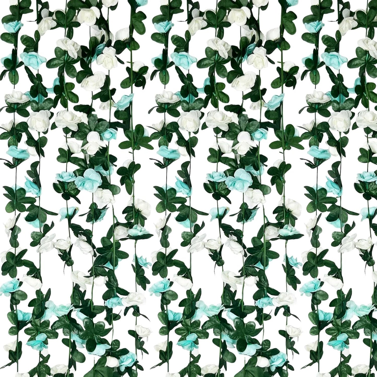 8Pcs 63Ft Teal&White Rose Garland, Fake Rose Hanging Flowers, Artificial Flower Vine, Hanging Floral Vine Garland for Wedding, Birthday Party, Wall Arch, Halloween, Christmas Garden Backdrop Decor