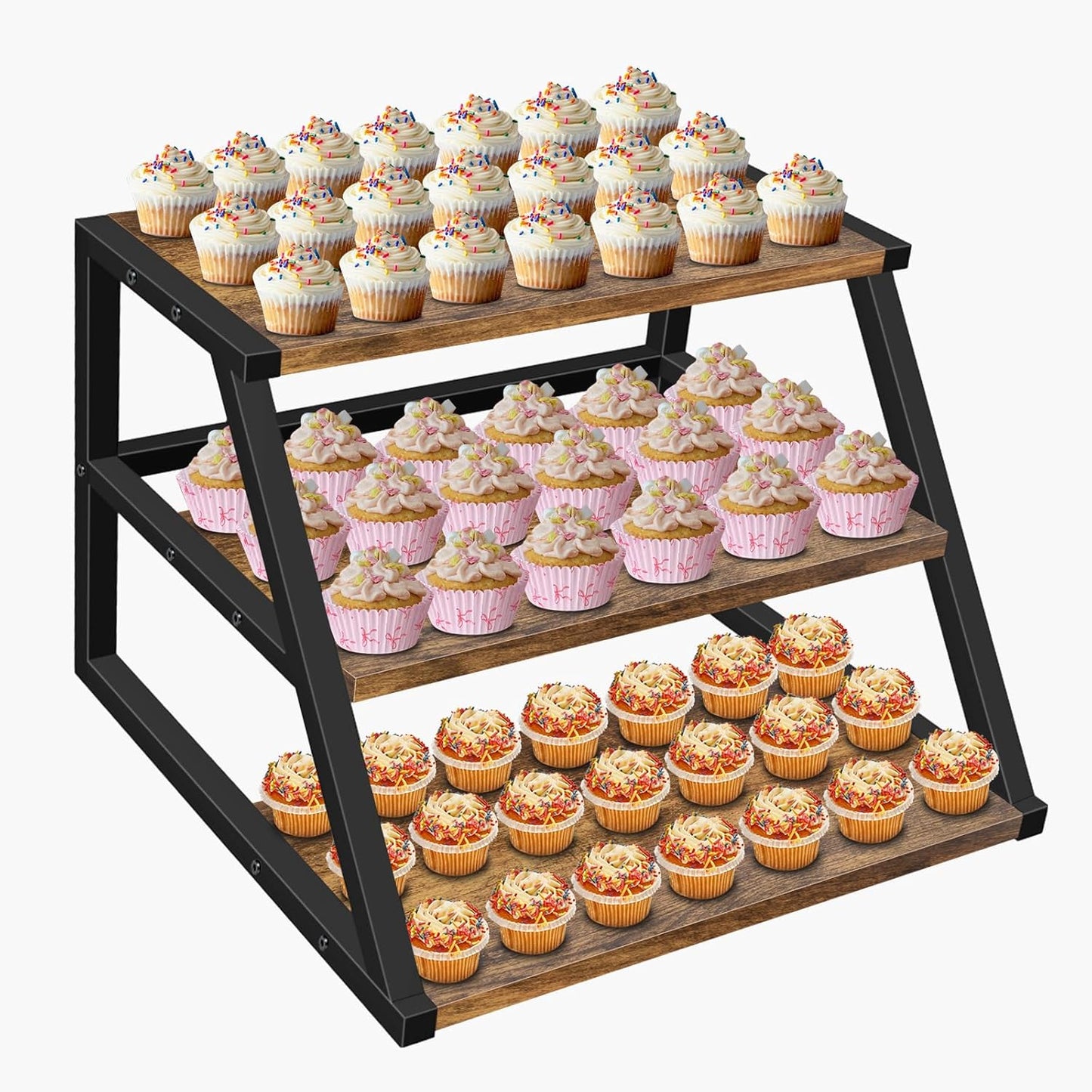 Cupcake Stand, 3 Tier Large Cupcake Stand for 50 Cupcakes Rustic Cupcake Display Stand Square Wood Dessert Table Display Set Cupcake Tower Tiered Tray Stand for Wedding Birthday Graduation Baby Shower