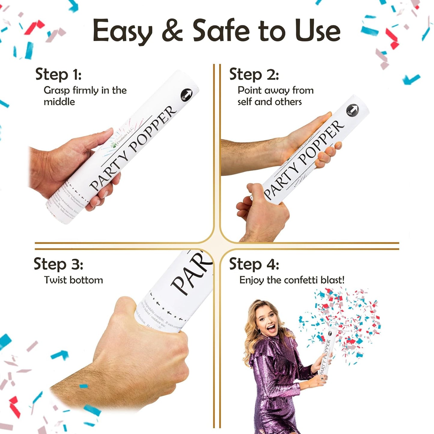 Clover Products Confetti Cannons 6-Pack – Biodegradable Red, White & Blue Party Poppers Launch 25 Feet Patriotic Celebration Supplies for 4th of July, Labor day, Parades, and other Events