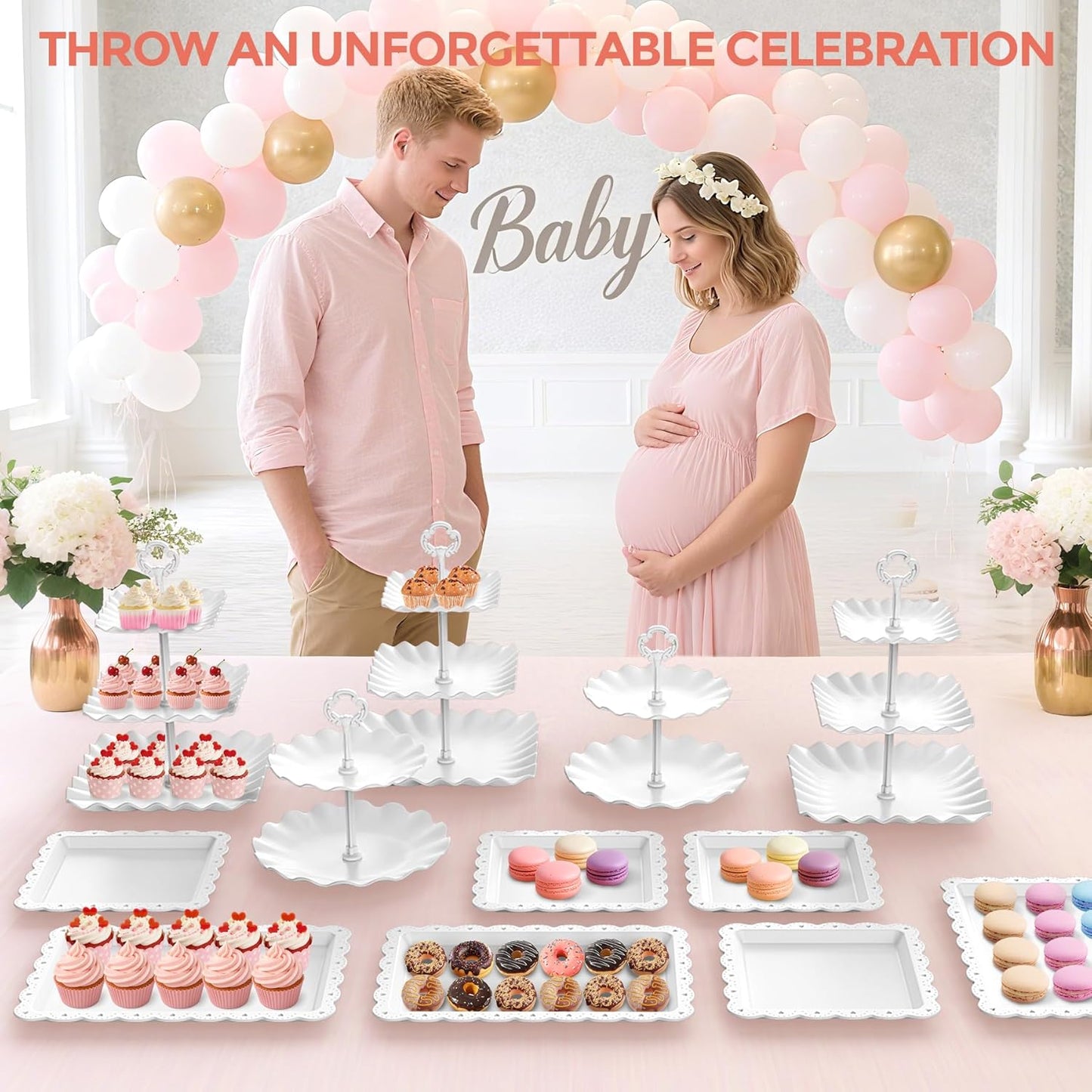 Cupcake Stand, 12Pcs Dessert Table Display Set, 3-Tier Cup Cake Tower Stands & 2-Tiered Cake Holder, Treat Food Platters Serving Trays for Cookie, Candy, Tea Party, Baby Shower, Birthday, Plastic