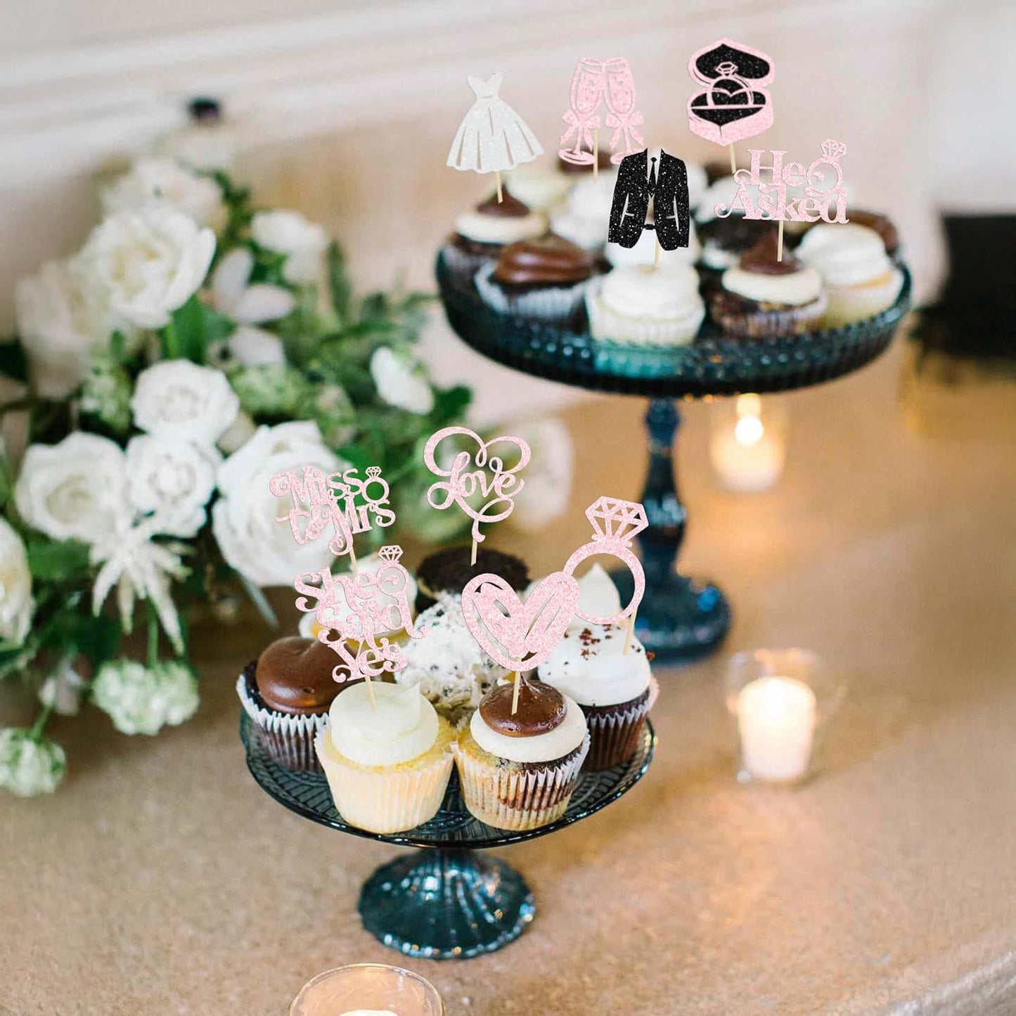 Gyufise 30Pcs She Said Yes Cupcake Toppers Glitter Diamond Ring I Do Love Cupcake Picks Miss to Mrs He Asked Bridal Shower Wedding Engagement Bachelorette Cake Decoration Light Pink