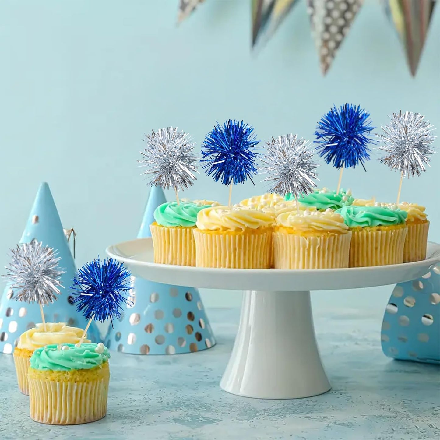 Ephlyn 30Pcs Foil Firework Cupcake Toppers Party Birthday Cake Toppers Supplies Sparkle Tinsel Cocktail Fruit Toothpick for Birthday Wedding Graduation Party Supplies Dark Blue Silver