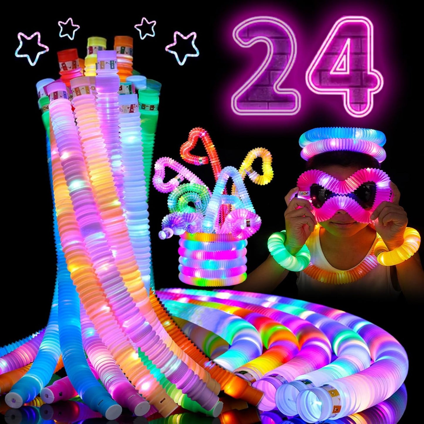24 PCS LED Pop Tubes, Light Up Glow Tubes, Glow in the Dark Party Supplies, Sensory Toys Birthday Party Favors for Kids, Light Up Toys