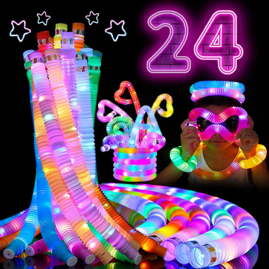 24 PCS LED Pop Tubes, Light Up Glow Tubes, Glow in the Dark Party Supplies, Sensory Toys Birthday Party Favors for Kids, Light Up Toys