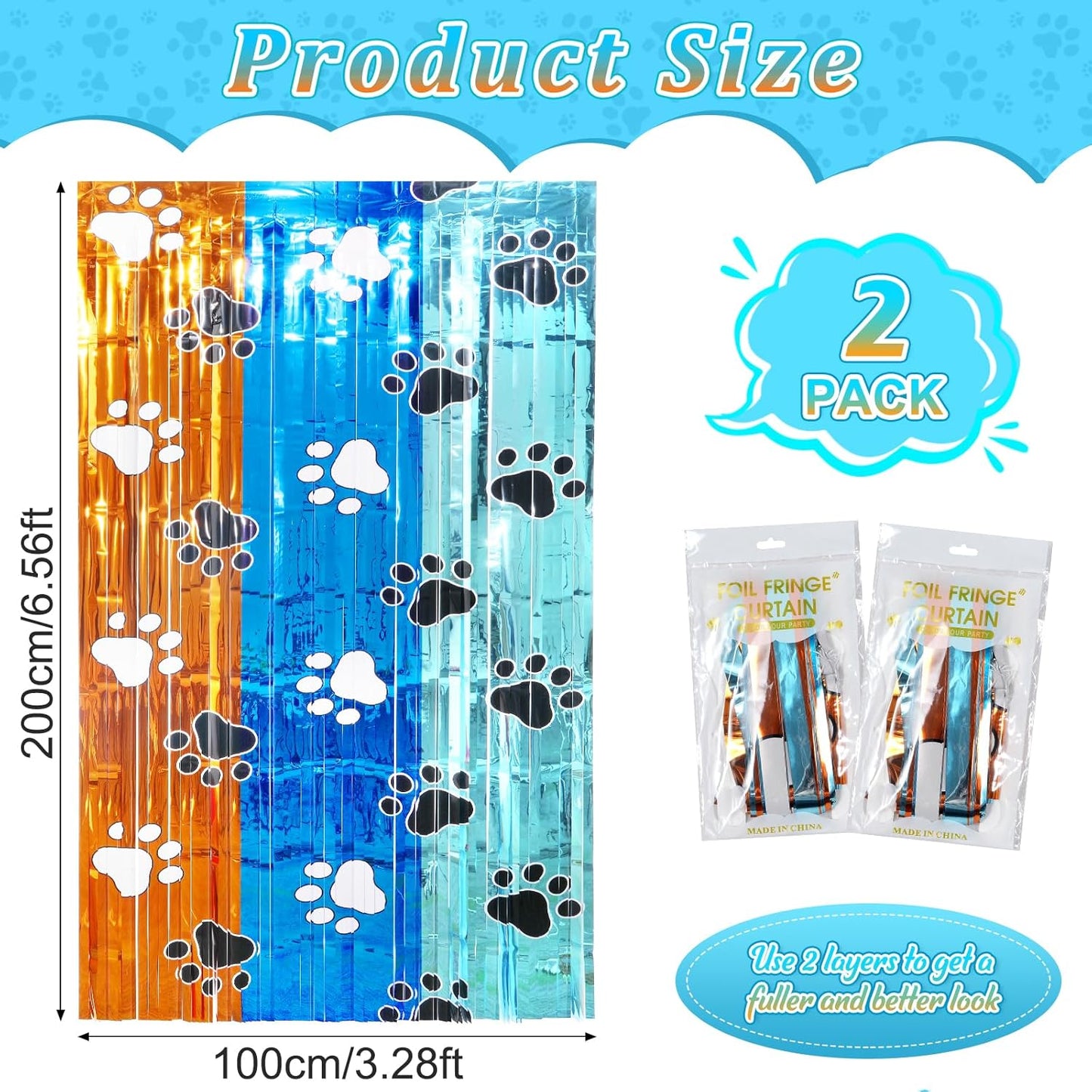 2 Pack 3.3X6.6Ft Blue Dog Foil Fringe Curtains Backdrop Decorations, Orange and Blue Paw Printed Birthday Tinsel Metallic Streamers Photo Booth Backdrop for Dog Theme Birthday Party Supplies