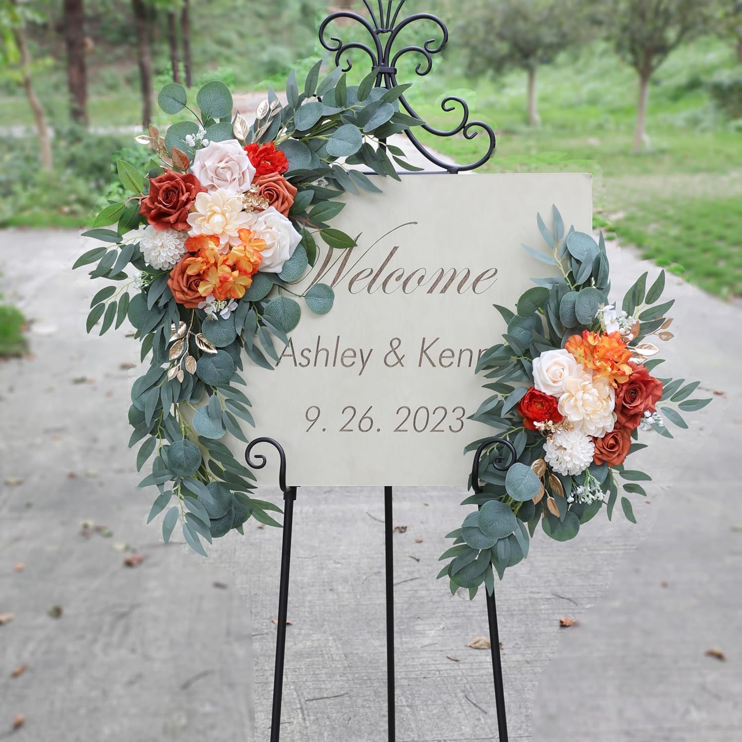 ponatia Wedding Arch Flowers (Pack of 2), Artificial Burnt Orange Wedding Flowers for Wedding Welcome Signs Decorations and Arch Flowers for Wedding Ceremony Reception (Burnt Orange & Ivory)