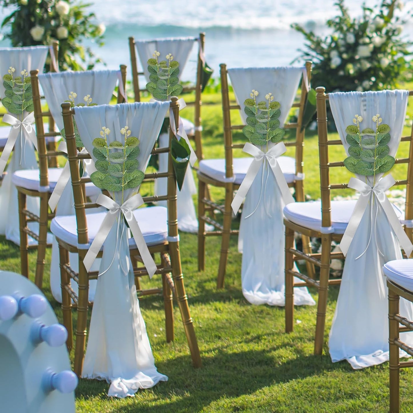 26 Sets of Wedding Aisle Decorations, White Tulle Chair Sashes with Bow Ribbons and Artificial Eucalyptus Stems for Church Pews, Wedding Ceremony Chair Decor