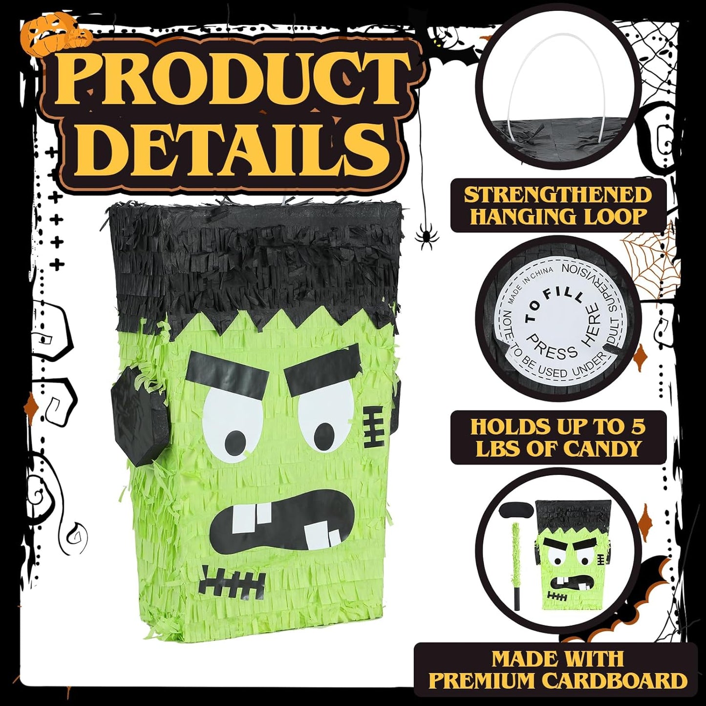 Halloween Frankenstein Pinatas Bundle with a Blindfold and Bat (16x12.5x4 Inches), Halloween Parties Supplies Game and Decoration