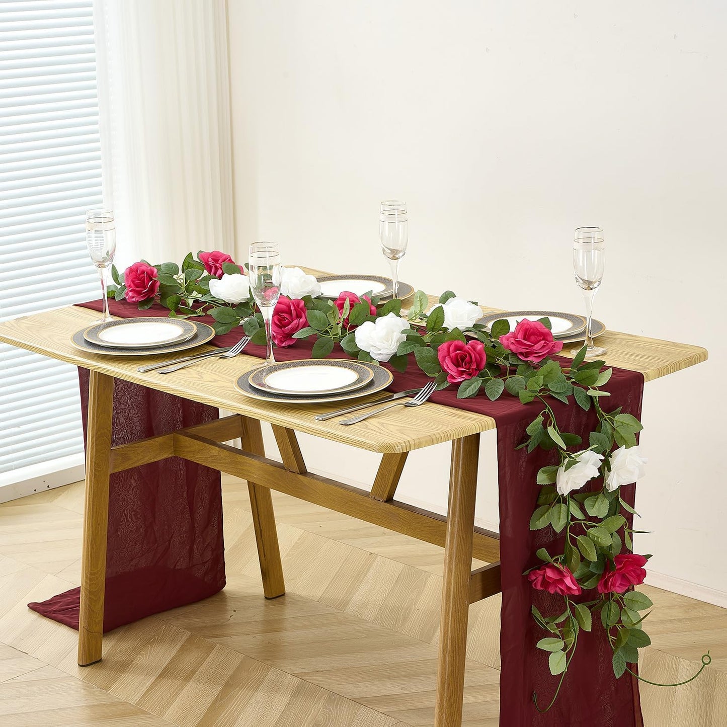 Artificial Rose Garlands Rose Vines Leaves Banners Hanging Floral Garland Fake Rose Flower Vine Wall Decorations, Hot Pink