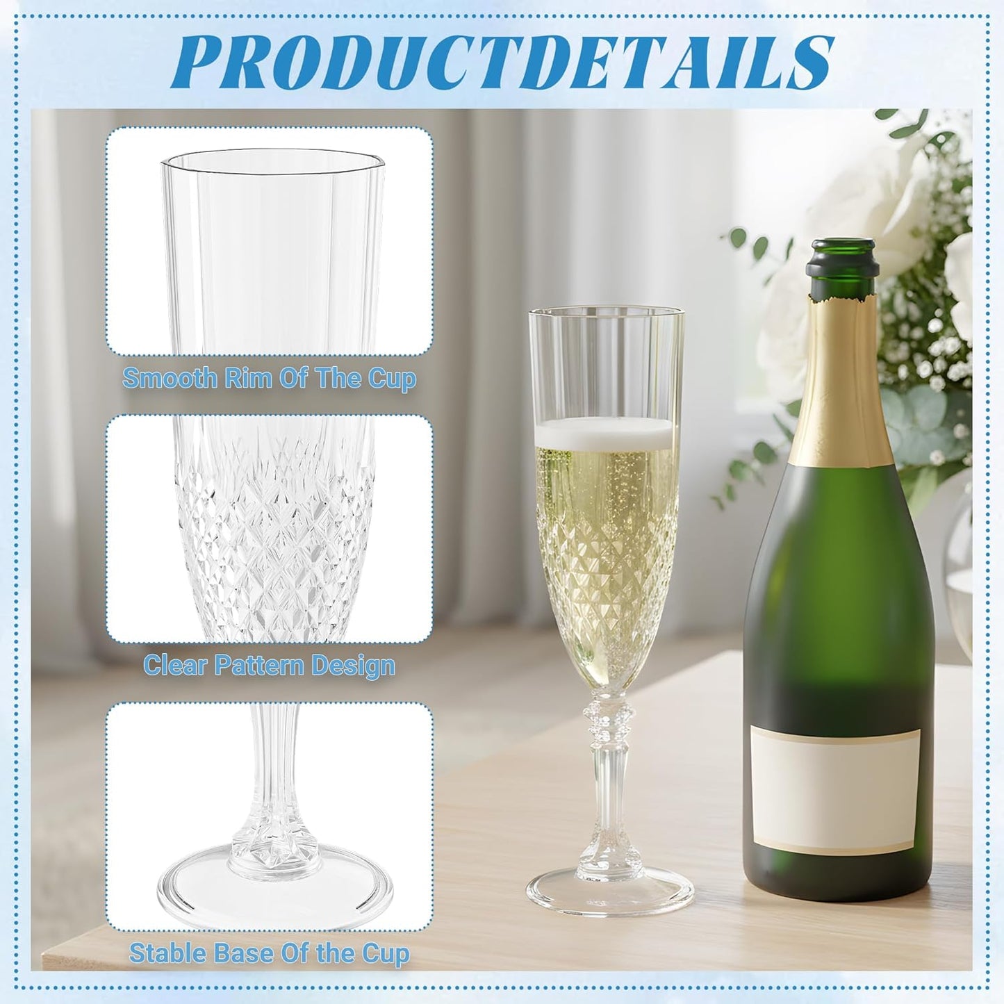 Plastic Champagne Flutes, 24PCS White Transparent Wine Glasses Goblets Shatterproof Reusable Flute for Weddings, Bachelor Parties, Toasting, and Events(24,Transparent)