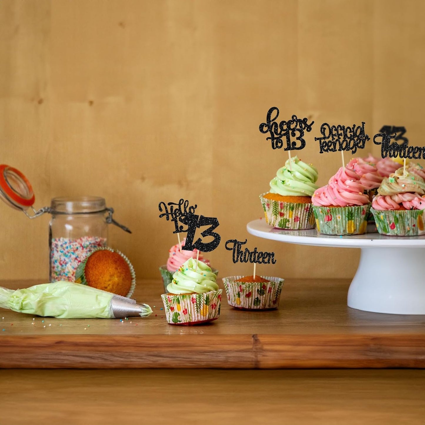 30Pcs 13th Birthday Cupcake Toppers Hello 13 Cupcake Picks Official Teenager Cheers to 13 Years Old Cake Decorations for 13th Birthday Anniversary Party Supplies Black Glitter