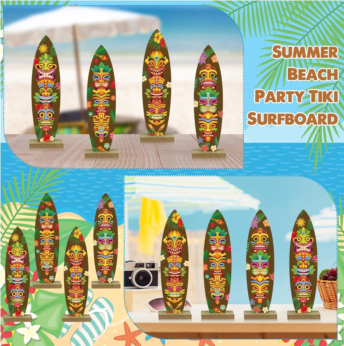 4 Pcs Surfboard Decorations for Party Welcome to Paradise Sign Tropical Bar Table Centerpieces Surfboard Beach Signs for Home Summer Theme Wood Tropical Birthday Party Decor(Tiki Style)