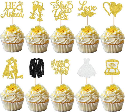 30 Pack Bride to be Cupcake Toppers Glitter Diamond Ring I Do Love Cupcake Picks Miss to Mrs He Asked She Said Yes Bridal Shower Wedding Engagement Bachelorette Cake Decoration Gold