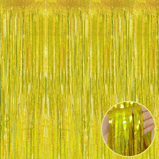 4 Pack Gold Tinsel Foil Fringe Curtain Backdrop, 3.28Ft x 8.2Ft Metallic Streamers for Photo Booth Props Wedding Bridal Shower Bachelorette Birthday Halloween Christmas Party Decoration