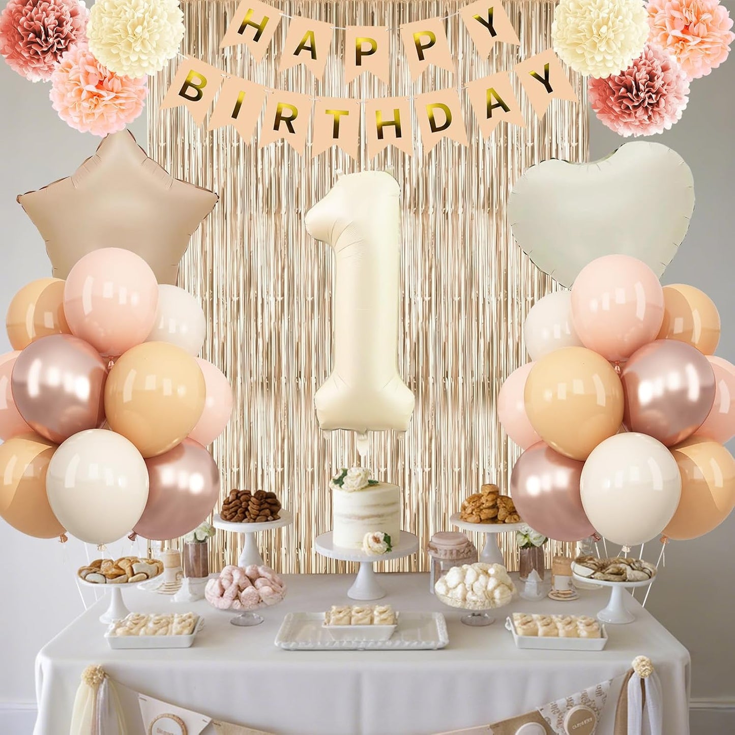 Beige 1st Birthday Decorations Cream Number 1 Balloon Nude Gold Happy Birthday Banner Fringe Curtain Paper Pom Poms Blush White Sand Champagne Star Foil Balloons Neutral Boho Party Decor