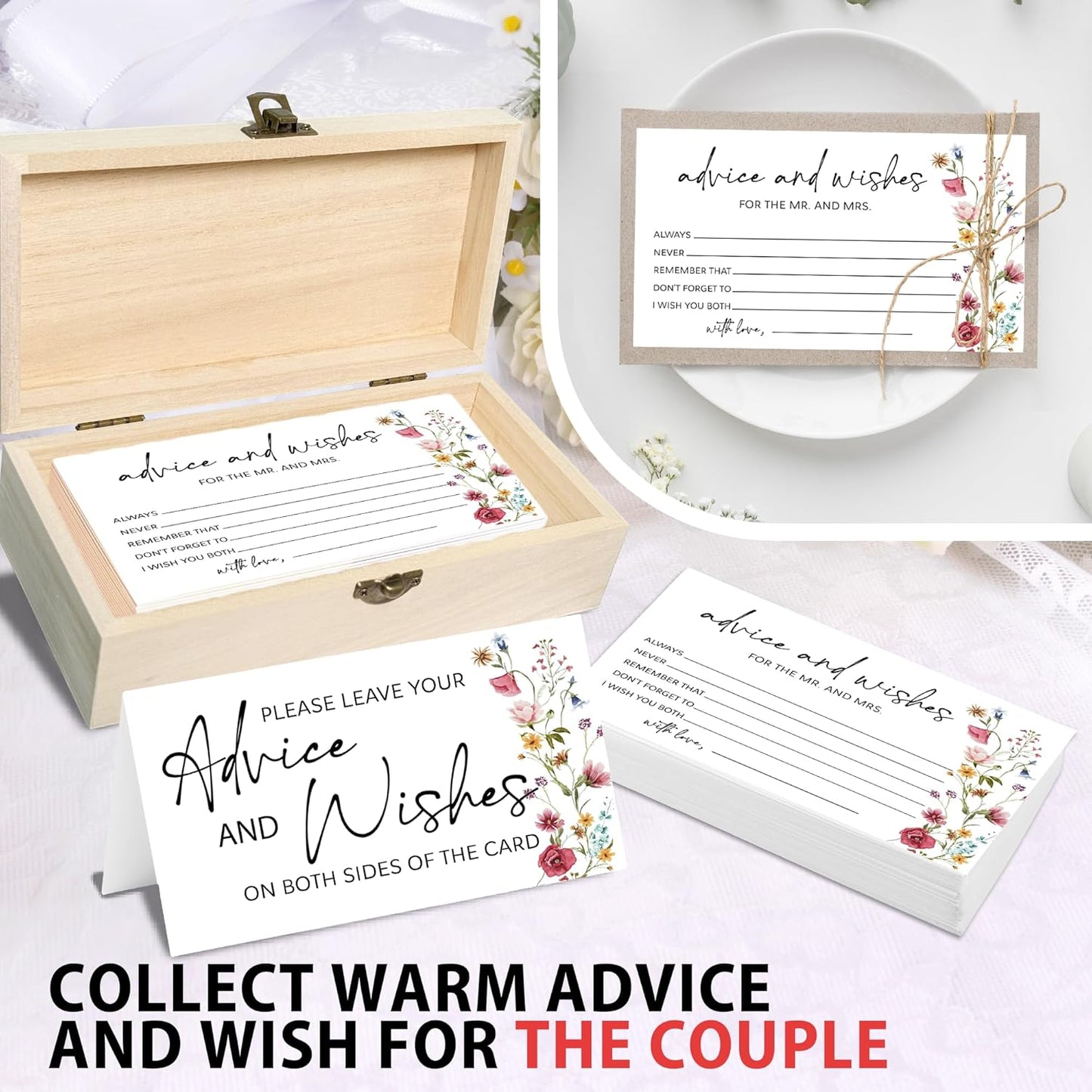 Wildflower Advice and Wishes for the Mr and Mrs - 50 Packs Wedding Advice Cards Bridal Shower Game Cards with Box Reception Guest Book for Bride Groom Newlywed Engagement Party Decoration -A04