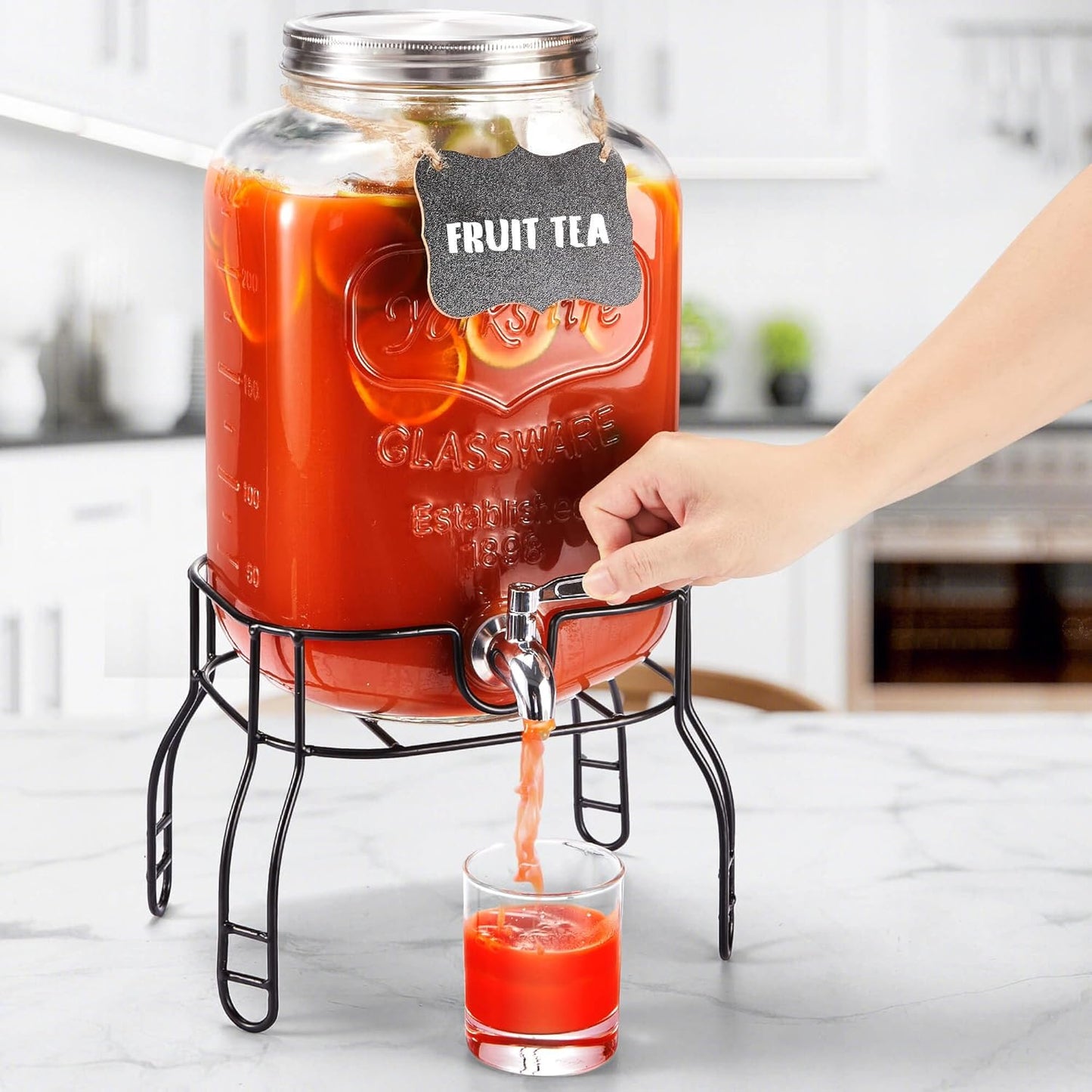 2 Gallon Glass Drink Dispenser for Parties, Beverage Dispenser with Stand, Lemonade Dispenser with 18/8 Stainless Steel Spigot, Leakproof for Sun Tea, Juice, Picnic, BBQ & Bars