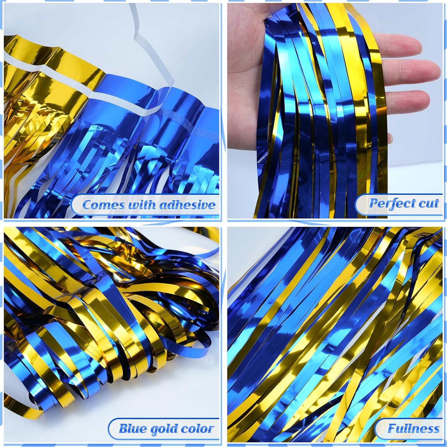 3 Pack 3.3Ft x 6.6Ft Graduation Foil Fringe Curtain Backdrop Decorations, Blue Gold Metallic Tinsel Foil Streamers Curtain Photo Booth Background for Graduation Prom Wedding Birthday Party Decorations