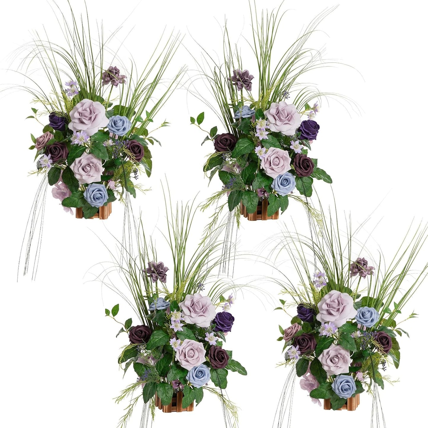 Ling's moment 17.5" Tall Standing Artificial Flowers Arrangements 4 pcs Wedding Aisle Runner Chair Decorations Provence Blue & Purple Centerpieces for Ceremony Reception Rose Floral Party Outdoor