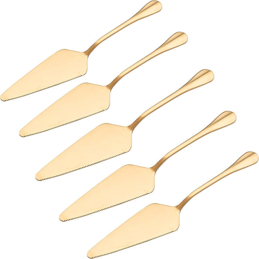 Gold Pie Server Stainless Steel, HOFTEN Cake Pie Pastry Server Set of 5, Professional Dessert Server For Cake Cheese Pie Pizza and more, Serrated Cake Knife （8.93inch Length)